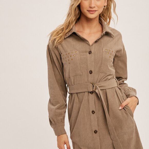 HEM & THREAD Taupe Corduroy Belted Shirt Dress, Stud Detail Utility Style - Picture 7 of 8
